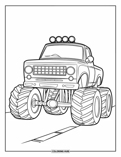 Målarbild med monstertruck för barn: En monstertruck framifrån med stor grill och strålkastare sitter på en öppen väg
