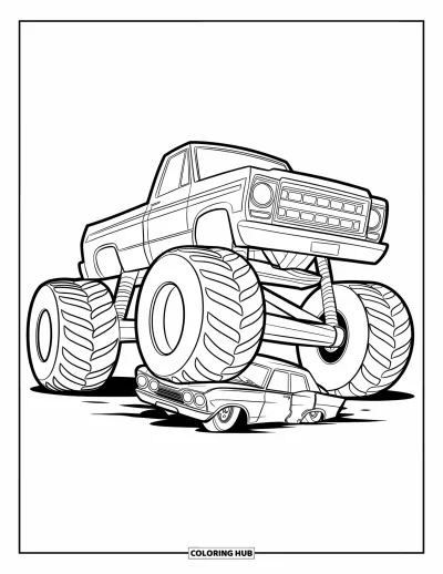 Målarbild med monstertruck för barn: En monstertruck framifrån krossar en skadad bil, med sina stora däck som dominerar scenen