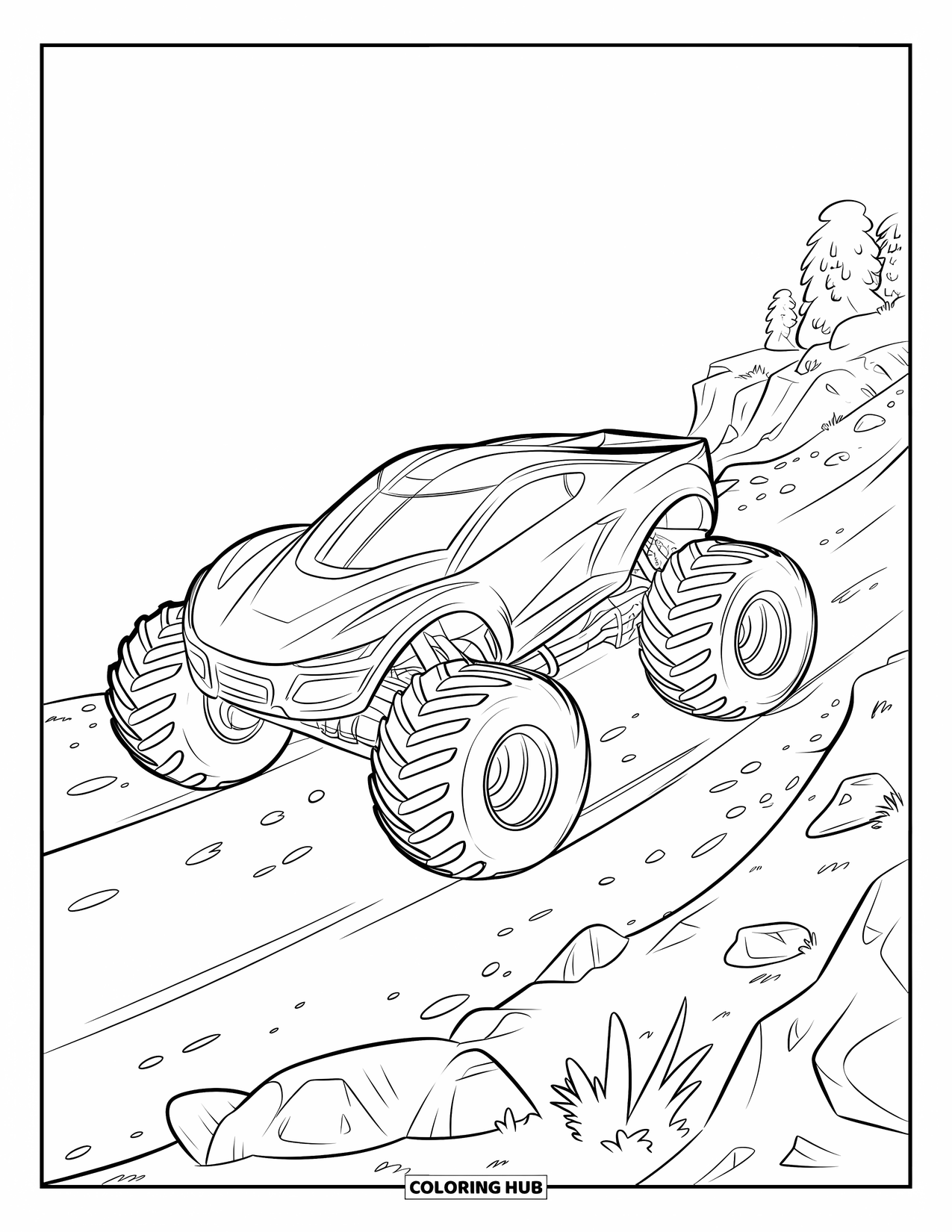 Desenho de caminhão monstro para colorir para crianças: Um caminhão monstro futurista com um design aerodinâmico acelera por uma trilha off-road rochosa