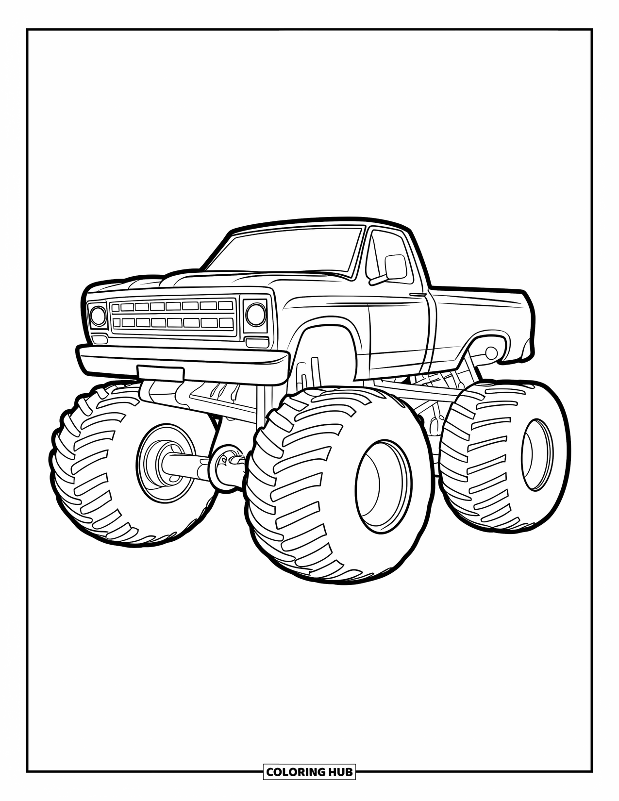 Desenho de caminhão monstro para colorir para crianças: Um caminhão monstro elevado com rodas extra grandes está estacionado em uma superfície plana com contornos grossos