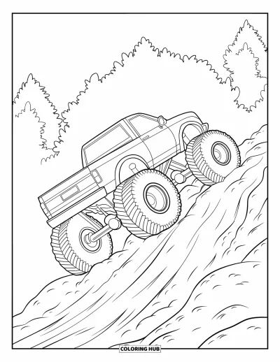 Målarbild med monstertruck för barn: En monstertruck kämpar sig fram på en hal, stenig stig omgiven av höga träd i dimman