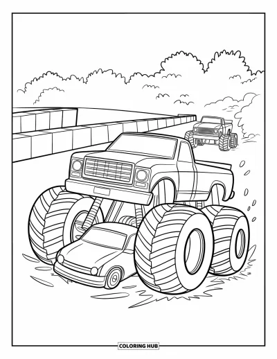Målarbild med monstertruck för barn: En monstertruck dominerar banan och krossar en bil medan en annan truck följer efter