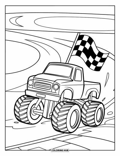 Målarbild med monstertruck för barn: En monstertruck kör över en bil medan en rutig flagga vajar i bakgrunden