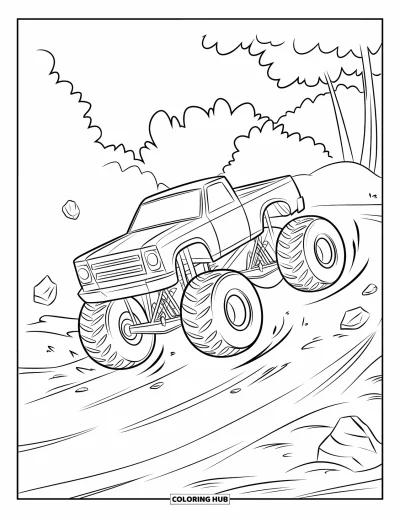 Målarbild med monstertruck för barn: En monstertruck lyfter framhjulen från marken och lämnar ett spår av damm och rörelselinjer