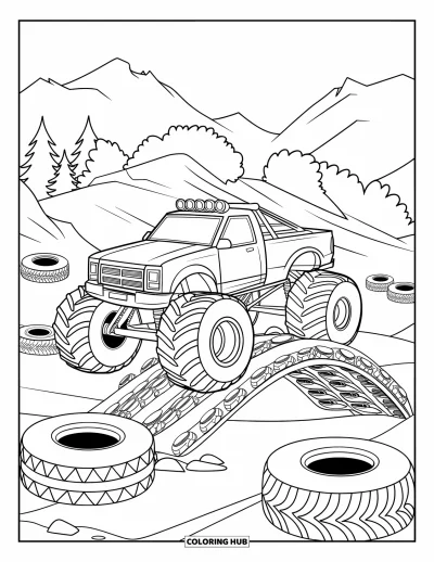 Målarbild med monstertruck för barn: En monstertruck navigerar en tuff bana och kör över en bro av staplade bilar