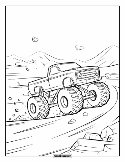 Målarbild med monstertruck för barn: En monstertruck gör en wheelie på en grusväg och slungar upp damm och stenar