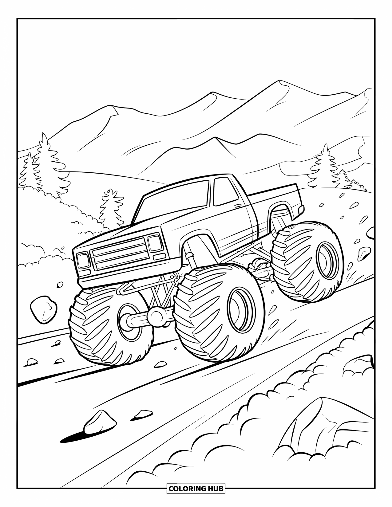 Desenho de caminhão monstro para colorir para crianças: Um caminhão monstro empina em uma estrada de terra, levantando pedras e poeira no ar