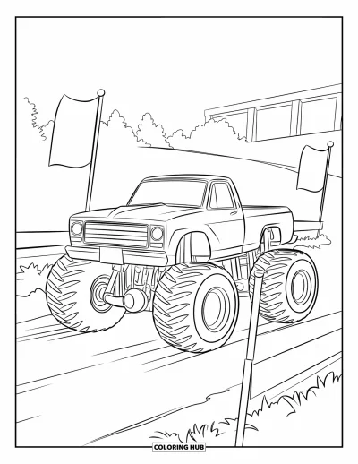 Målarbild med monstertruck för barn: En monstertruck gasar vid startlinjen, redo att tävla på en jordbana