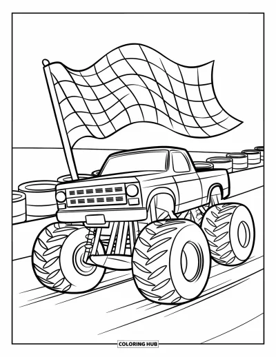 Målarbild med monstertruck för barn: En monstertruck rullar över en bil på en racerbana med tunnor och en vajande rutig flagga