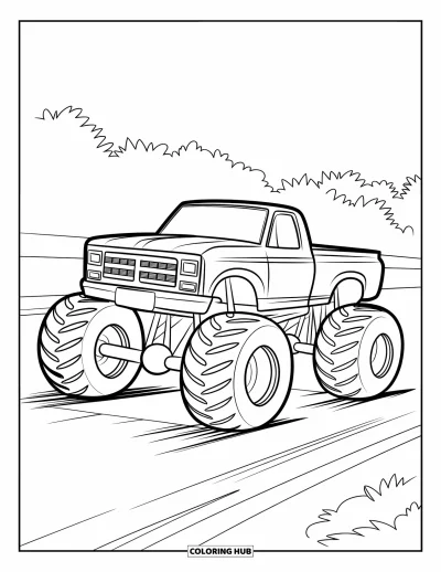 Målarbild med monstertruck för barn: En monstertruck står vid startlinjen på en jordracerbana, redo att ge sig av