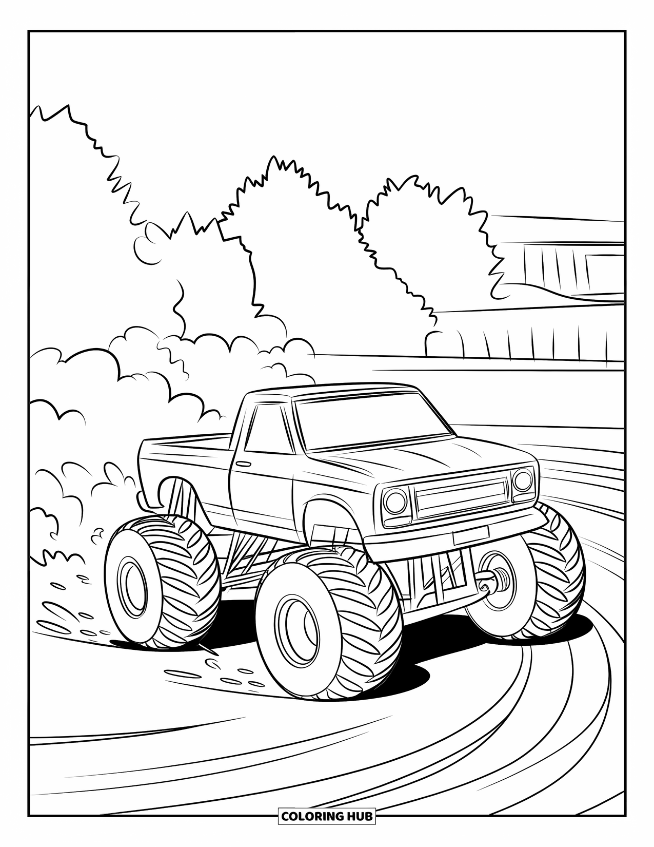 Desenho de caminhão monstro para colorir para crianças: Um caminhão monstro derrapa bruscamente em uma pista de terra, levantando nuvens de poeira atrás dele