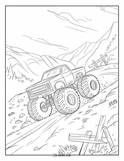 Målarbild med monstertruck för barn: En monstertruck rusar över stenig terräng med ett trasigt trästaket i fjärran