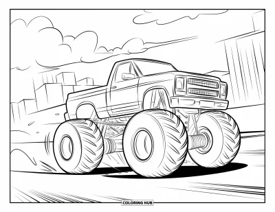 Målarbild med monstertruck för barn: En monstertruck rusar genom en stad under molniga himlar och jagar en rival