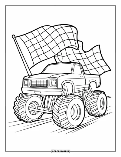 Målarbild med monstertruck för barn: En monstertruck står stolt medan en rutig flagga vajar bakom den vid mållinjen