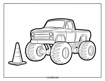 Målarbild med monstertruck för barn: En monstertruck med kraftfull design står parkerad bredvid en trafikkona på en öppen plan