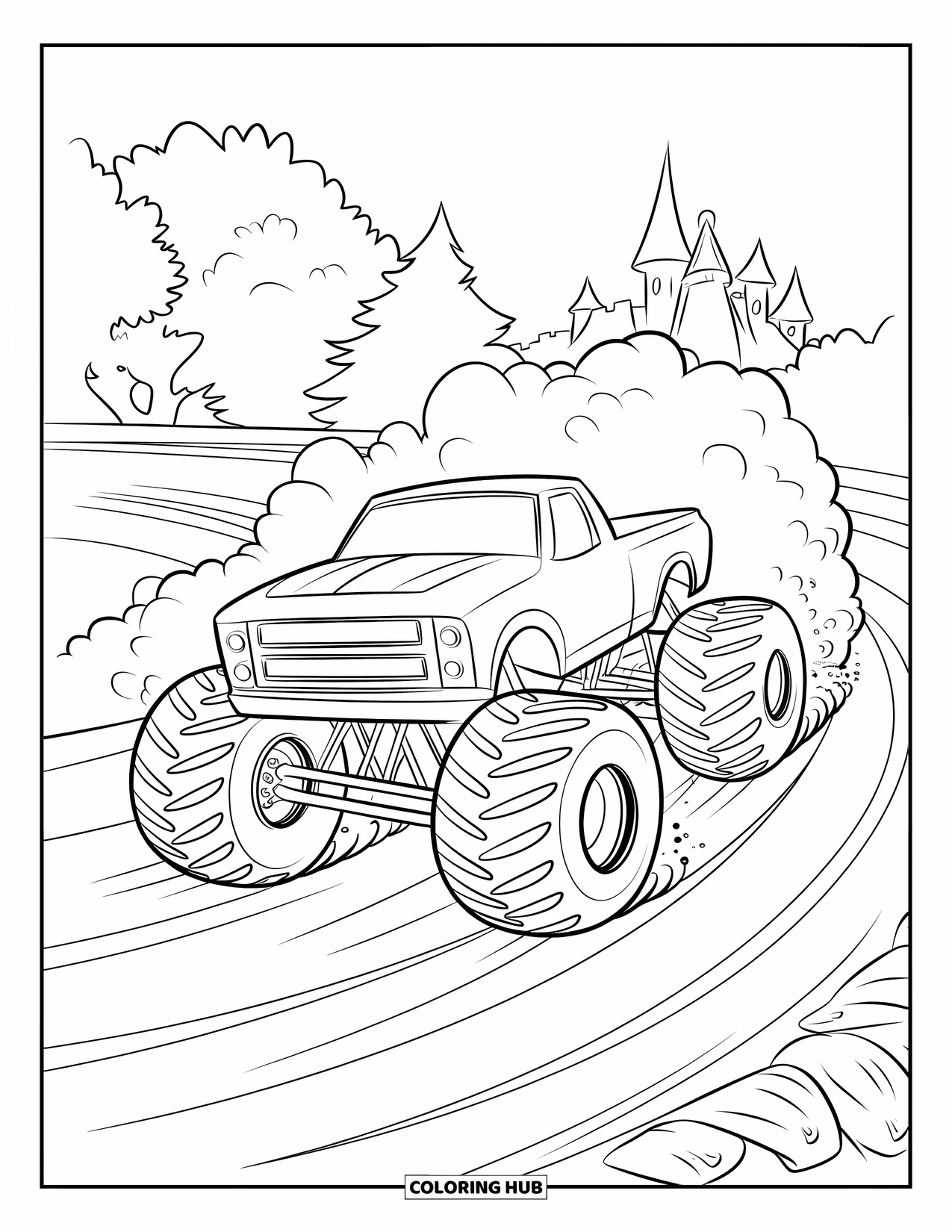 Desenho de caminhão monstro para colorir para crianças: Um caminhão monstro com um padrão de pneu ousado derrapa em uma pista de terra perto de árvores e um castelo