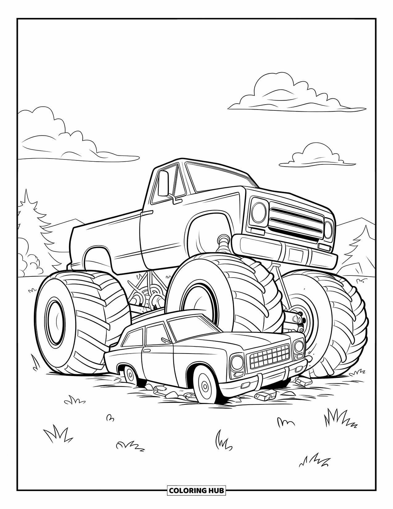 Desenho de caminhão monstro para colorir para crianças: Um caminhão monstro com um rosto alegre esmaga um carro antigo em um campo gramado com árvores