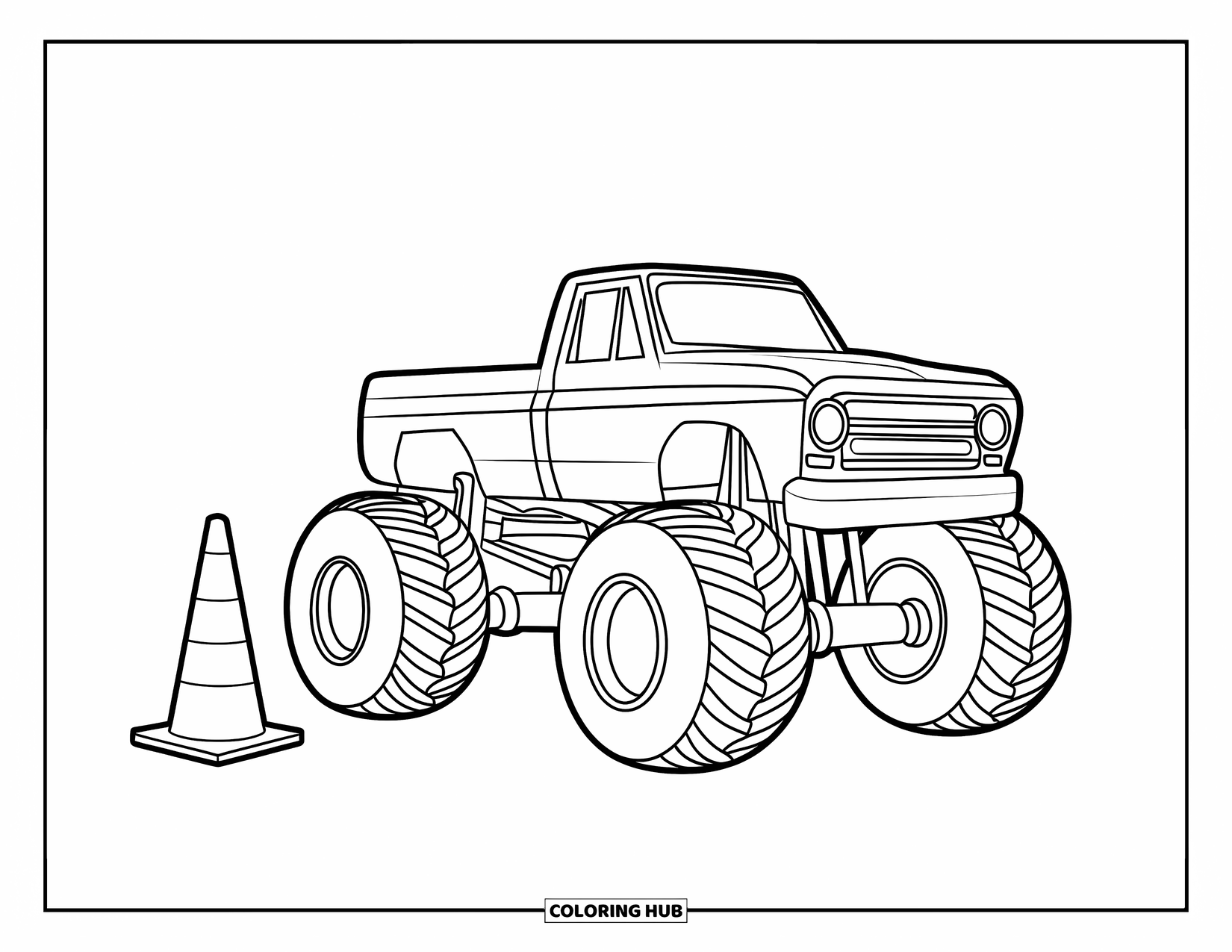 Desenho de caminhão monstro para colorir para crianças: Um caminhão monstro com uma estrutura compacta fica perto de um cone de trânsito, pronto para a ação