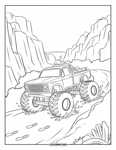 Målarbild med monstertruck för barn: En monstertruck med flak dundrar genom en ojämn stig och lämnar spår i jorden