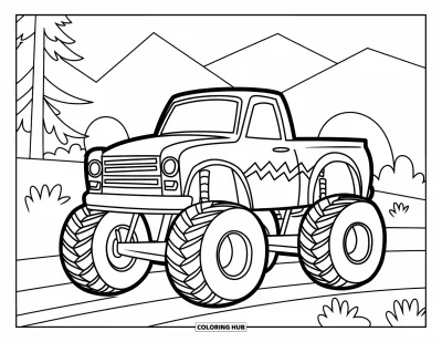 Målarbild med monstertruck för barn: En monstertruck med roligt sicksackmönster står parkerad nära träd och fjärran berg