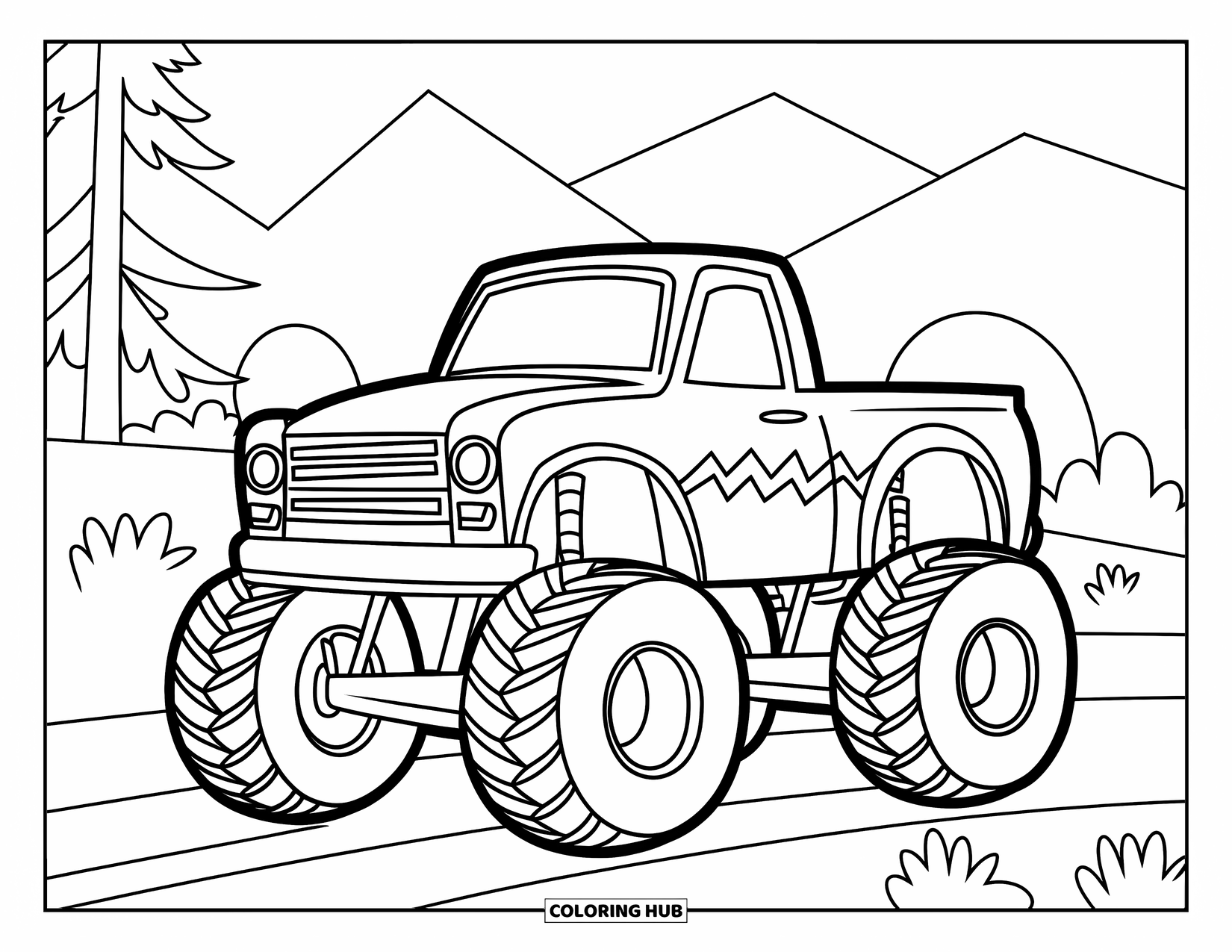 Desenho de caminhão monstro para colorir para crianças: Um caminhão monstro com um design divertido em zigue-zague está estacionado perto de árvores e montanhas distantes
