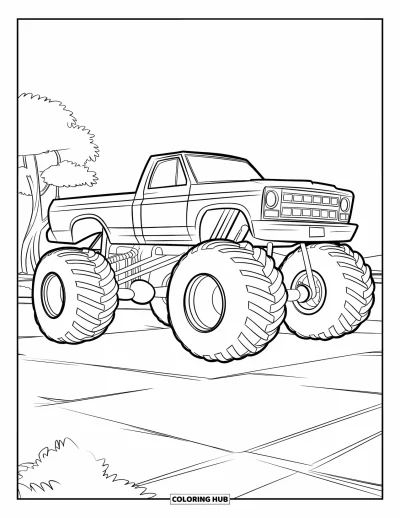 Målarbild med monstertruck för barn: En monstertruck med stor kaross och svarta hjul står nära ett litet träd på en öppen yta
