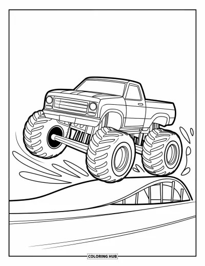 Målarbild med monstertruck för barn: En monstertruck med lekfull design studsar över en ramp med rörelselinjer runtomkring