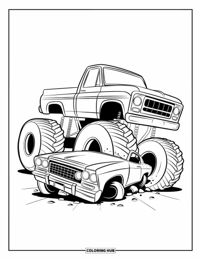 Målarbild med monstertruck för barn: En monstertruck med röd kaross plattar till en klassisk bil under sina massiva runda hjul