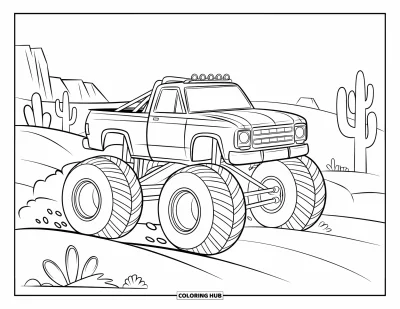 Målarbild med monstertruck för barn: En monstertruck med skyddsbåge slungar upp sand när den far fram över ökendyner