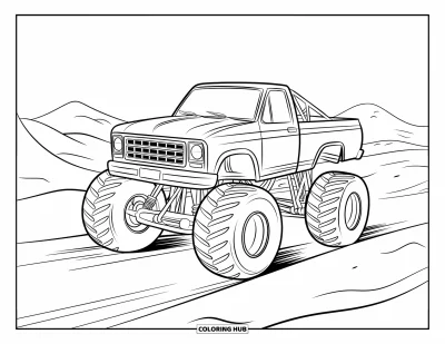 Målarbild med monstertruck för barn: En monstertruck med skyddsbåge rasar över sanddyner med berg i fjärran