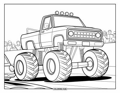 Målarbild med monstertruck för barn: En monstertruck med robust design krossar en bil medan publiken tittar på