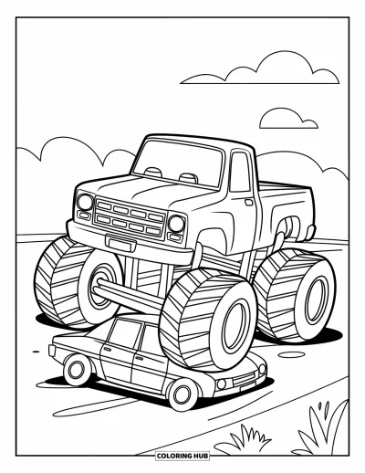 Målarbild med monstertruck för barn: En monstertruck med kort kaross och tjocka däck kör över en bil under molnig himmel