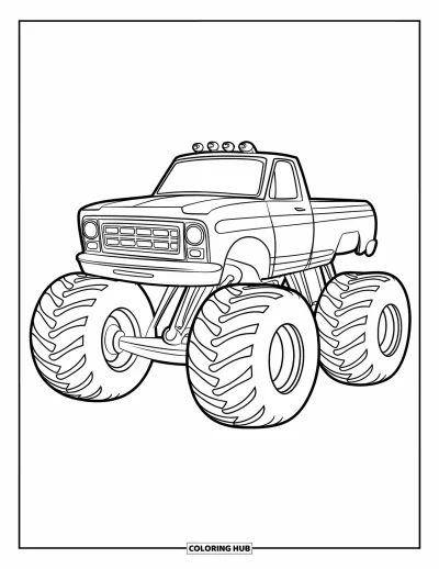 Målarbild med monstertruck för barn: En monstertruck med kort kaross och tjocka däck sitter mot en blank bakgrund
