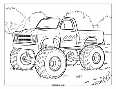 Målarbild med monstertruck för barn: En monstertruck med sicksackmönster sitter på en gräsplan med träd i bakgrunden