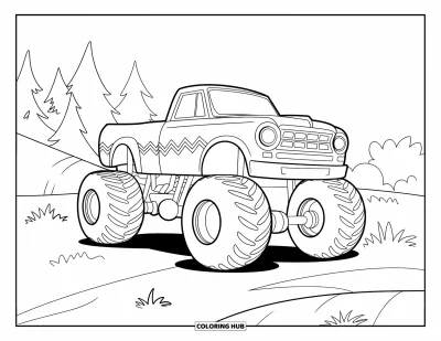 Målarbild med monstertruck för barn: En monstertruck med sicksackmönster sitter på gräsmark med några träd i närheten