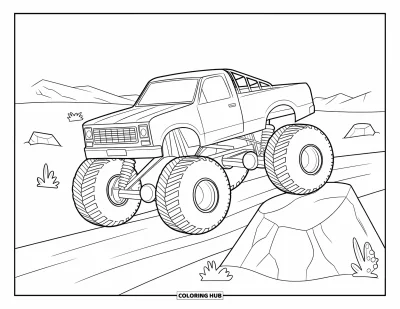 Målarbild med monstertruck för barn: En monstertruck med förlängd hytt rusar över en stor sten i ett ökenlandskap