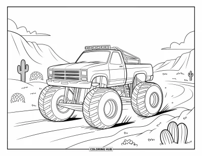 Målarbild med monstertruck för barn: En monstertruck med stora däck tar sig fram genom stenig ökenmark med kaktusar i bakgrunden