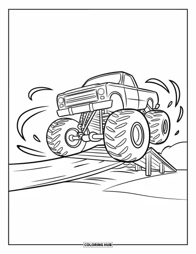 Målarbild med monstertruck för barn: En monstertruck med lysande hjul hoppar över en trädramp med rörelselinjer som visar farten