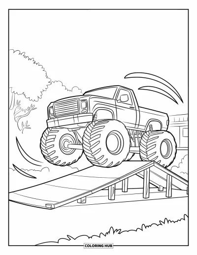 Målarbild med monstertruck för barn: En monstertruck med enorma hjul flyger från en trädramp nära träd och en byggnad