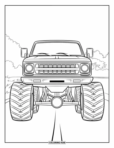 Målarbild med monstertruck för barn: En monstertruck med stora strålkastare och kraftfull grill står parkerad nära träd vid en väg