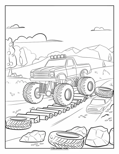 Målarbild med monstertruck för barn: En monstertruck med stora däck korsar en stockbro genom en stenig hinderbana