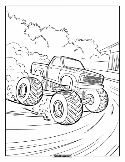 Målarbild med monstertruck för barn: En monstertruck med stora hjul sladdar runt en jordbana och lämnar ett rökspår efter sig