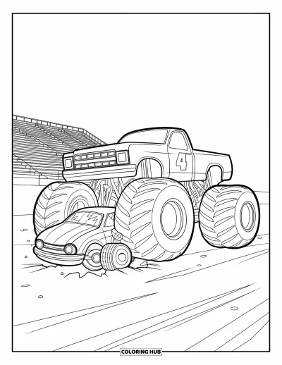 Målarbild med monstertruck för barn: En monstertruck med siffran "4" krossar en trasig bil på en arena med läktare