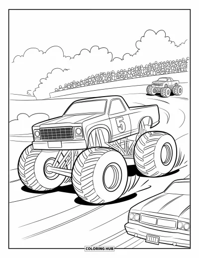 Målarbild med monstertruck för barn: En monstertruck med siffran "5" på sidan kör över en bil och leder ett race