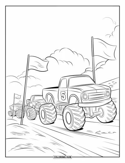 Målarbild med monstertruck för barn: En monstertruck med siffran "5" gasar vid startlinjen under en molntäckt himmel