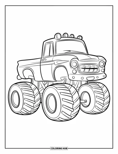 Målarbild med monstertruck för barn: En lekfull, knubbig monstertruck med stora däck sitter glatt utan bakgrundsdetaljer