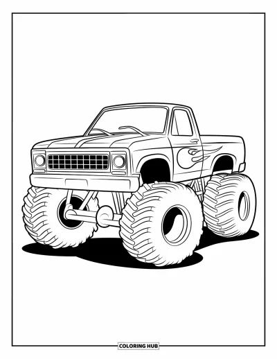 Målarbild med monstertruck för barn: En lekfull monstertruck med flamdekor och stor grill visas från sidan
