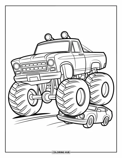 Målarbild med monstertruck för barn: En lekfull monstertruck med stora däck rullar över en bil med en munter design