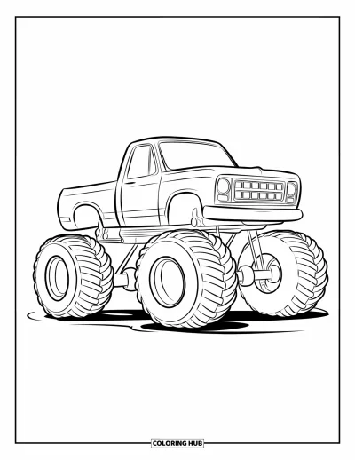 Målarbild med monstertruck för barn: En lekfull monstertruck med enorma hjul och lyftkaross sitter mot en blank bakgrund
