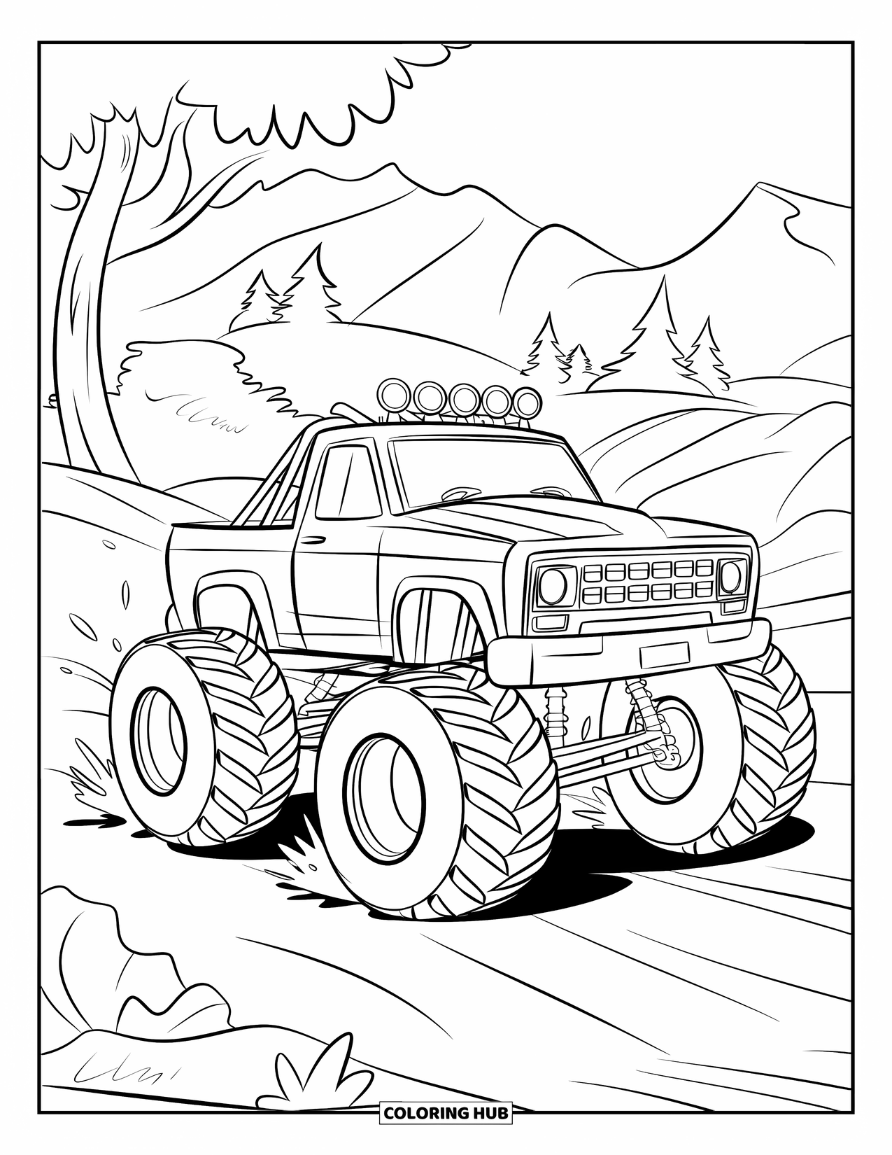 Desenho de caminhão monstro para colorir para crianças: Um caminhão monstro robusto levanta poeira enquanto avança por uma trilha irregular nas montanhas